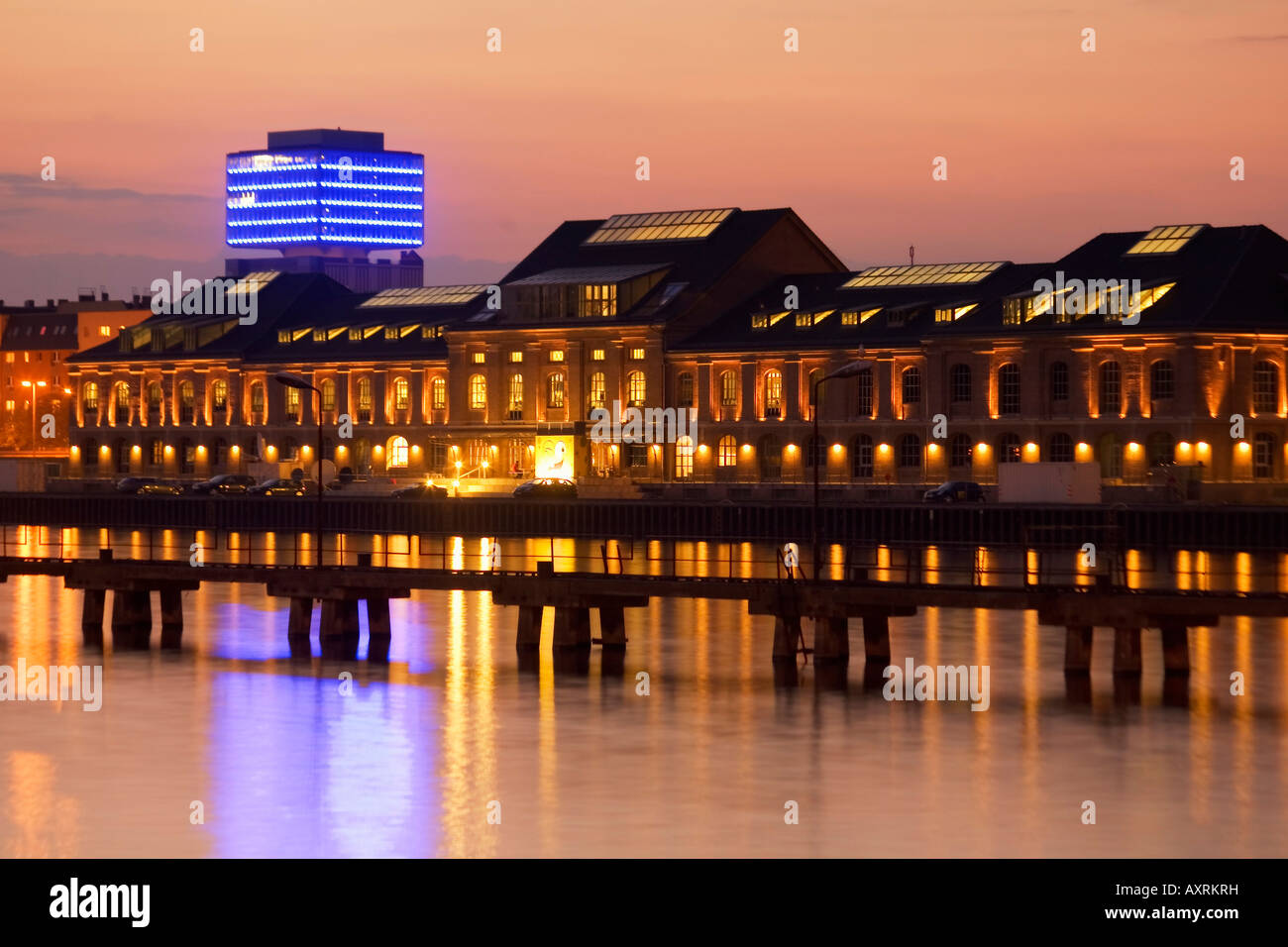 Berlin former east harbour river spree MTV studios background Oberbaum city skyscaper illuminated Stock Photo