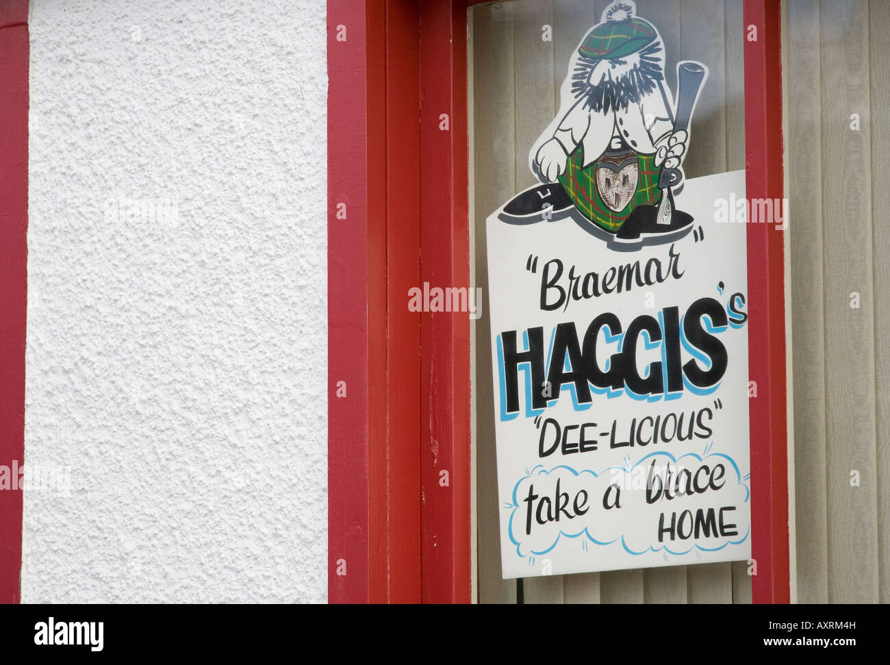 Haggis for Sale notice in Braemar butchers shop, Caiarngorms National Park, Aberdeenshire