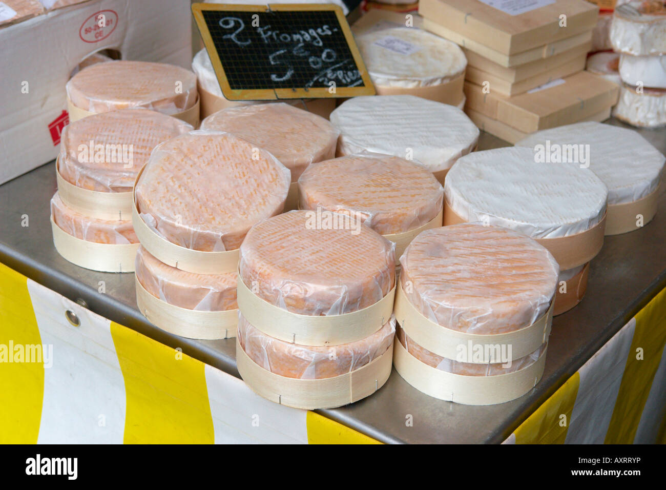 Cheeses for sale at Honfleur Market Normandy France Stock Photo