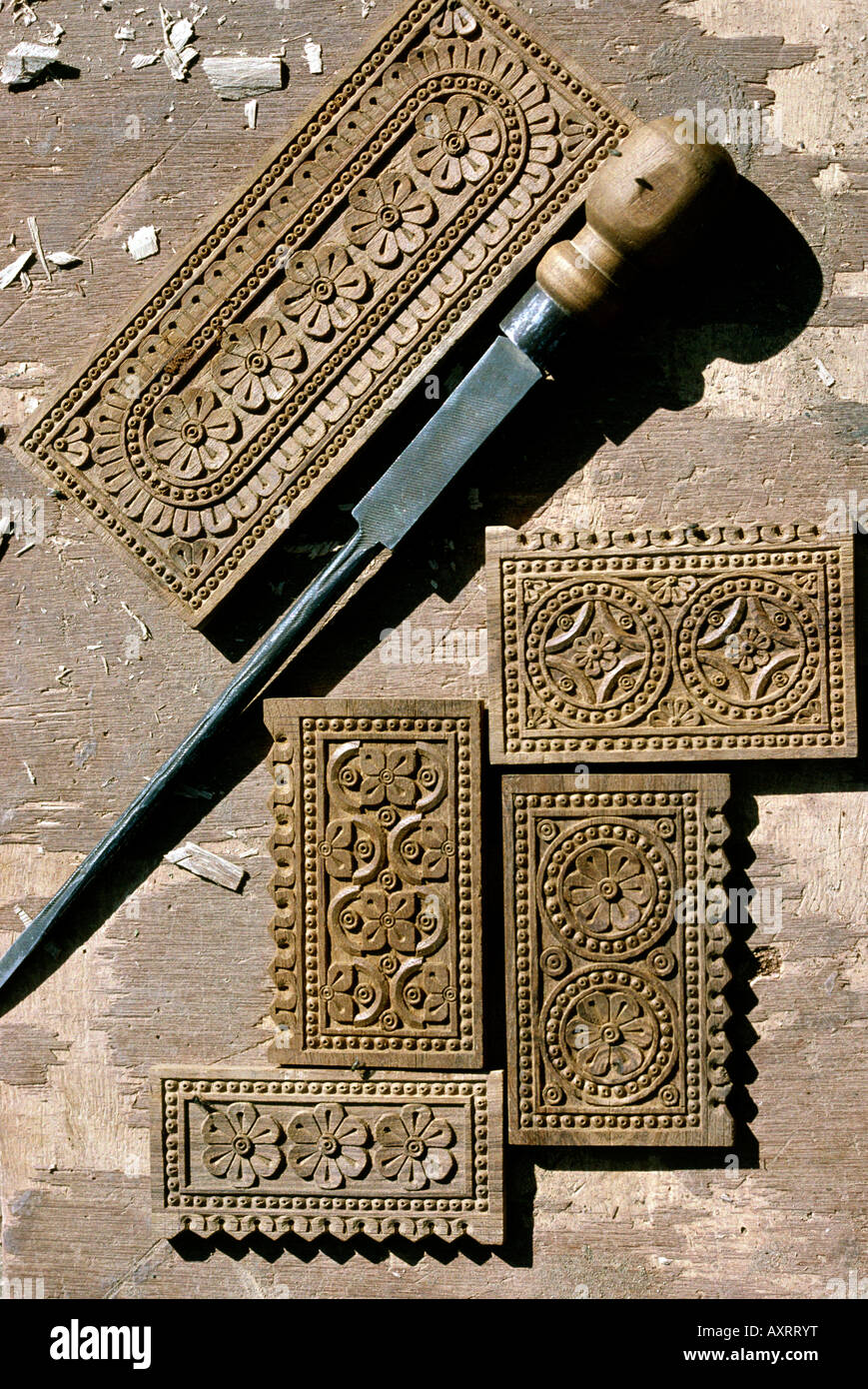 India Rajasthan crafts furniture Barmer carved teak sample panels Stock