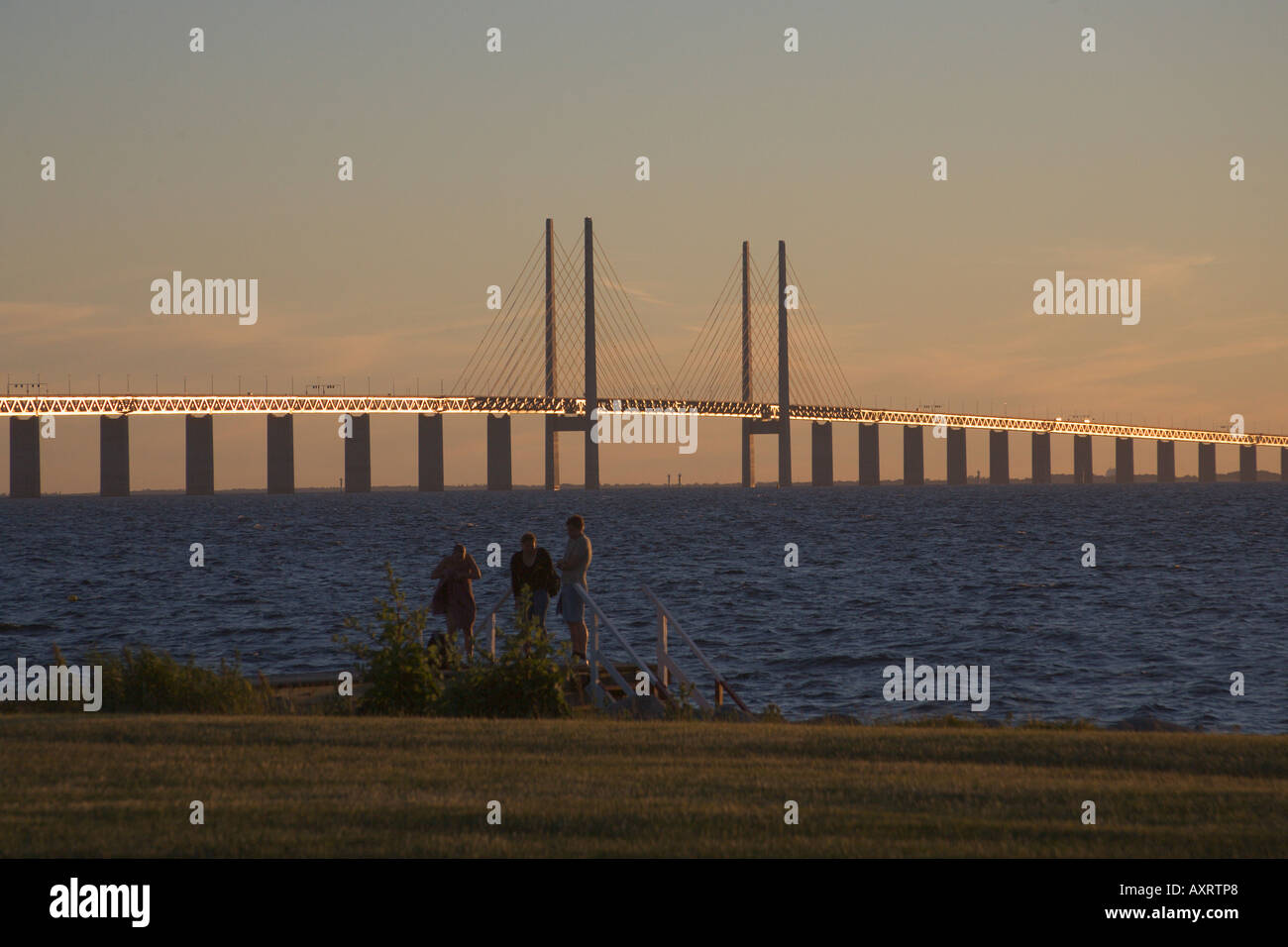 Oresund Bridge linking Sweden and Denmark and monument to Danish WWII refugees Stock Photo