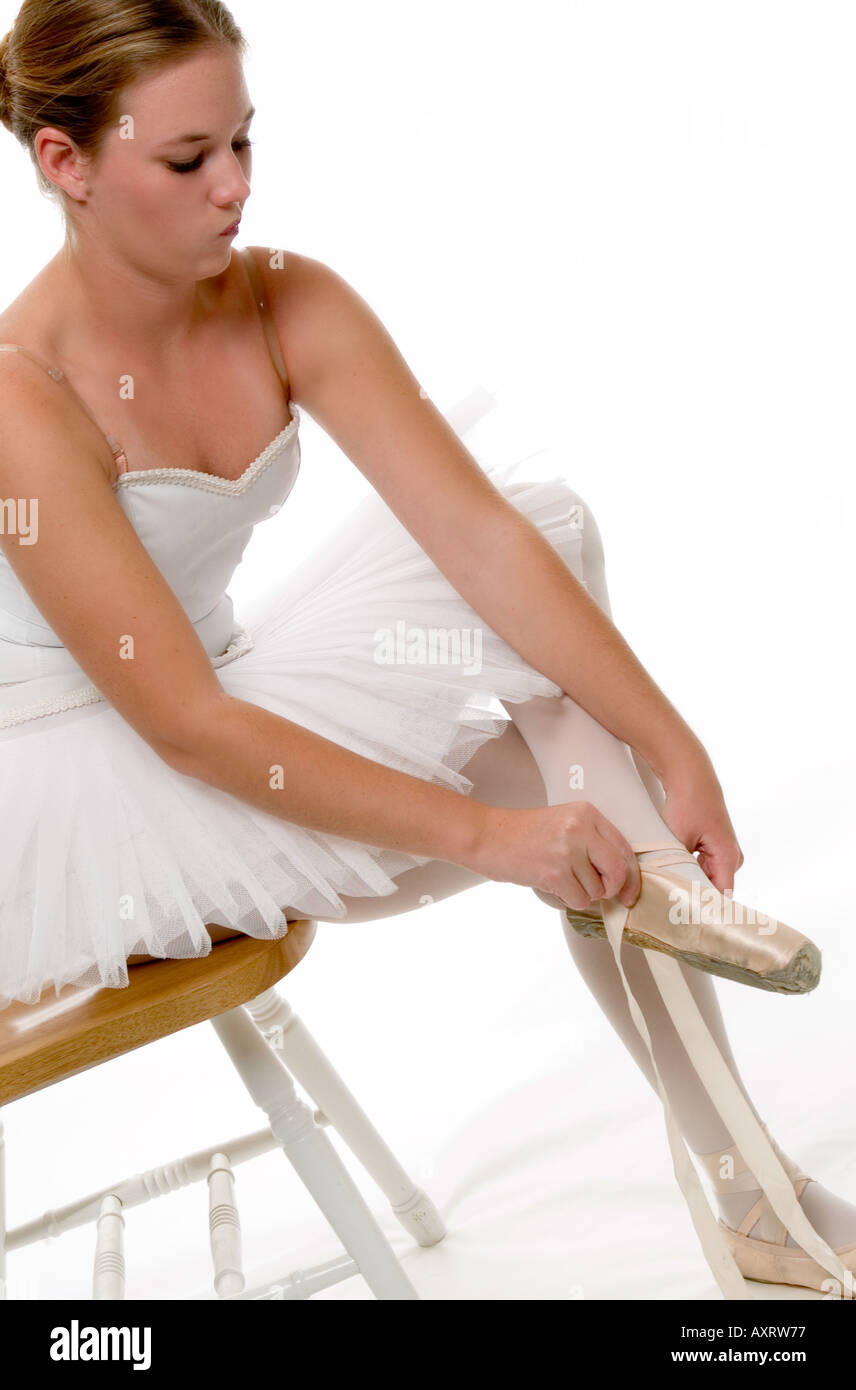 Caucasian Teen Girl Ballerina 15 to 17 Putting On Dance Shoes USA Stock
