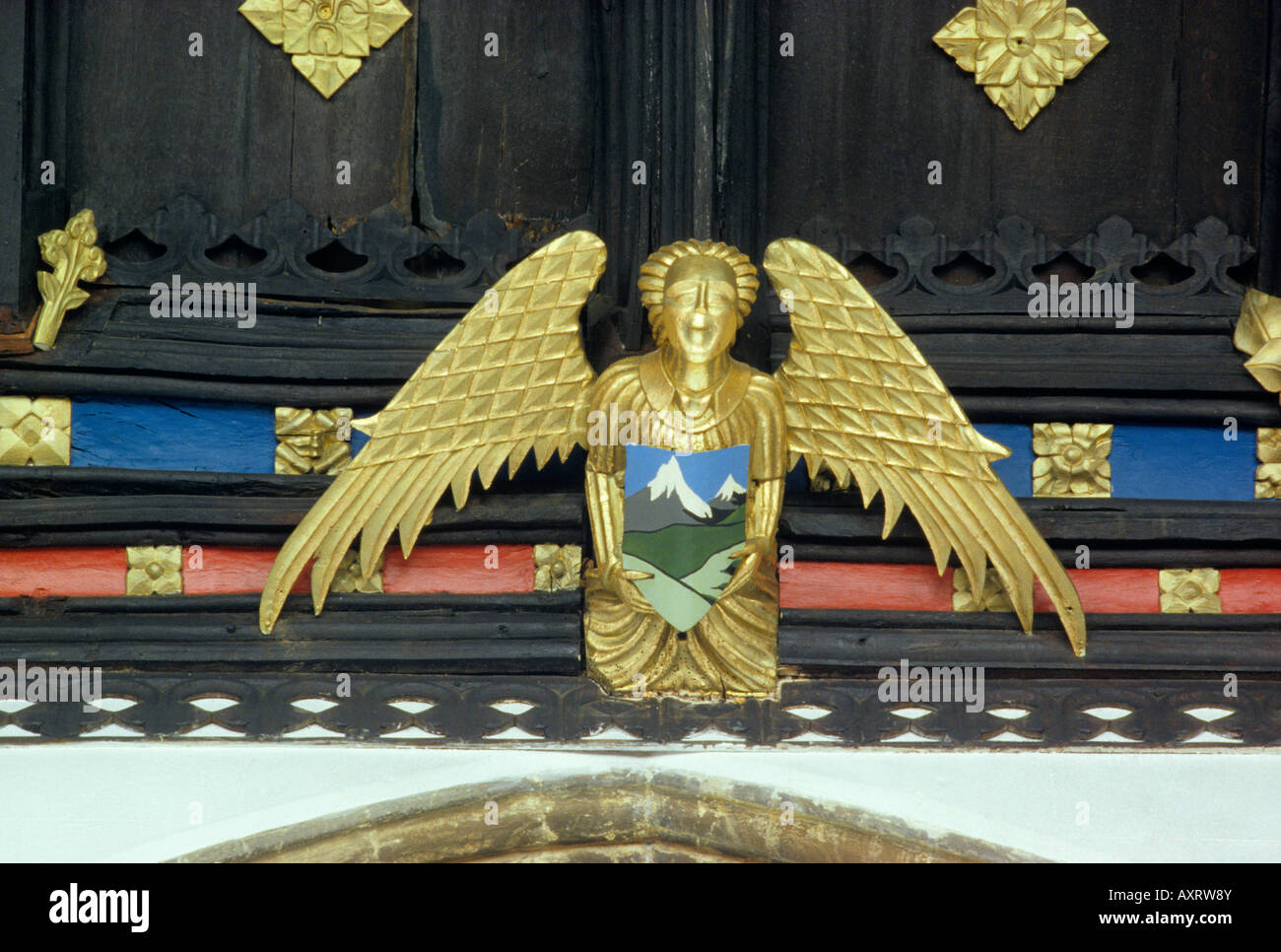 Gold painted gilded Angel timber roof Taunton St Mary Somerset England UK medieval English wood carving wings winged Stock Photo