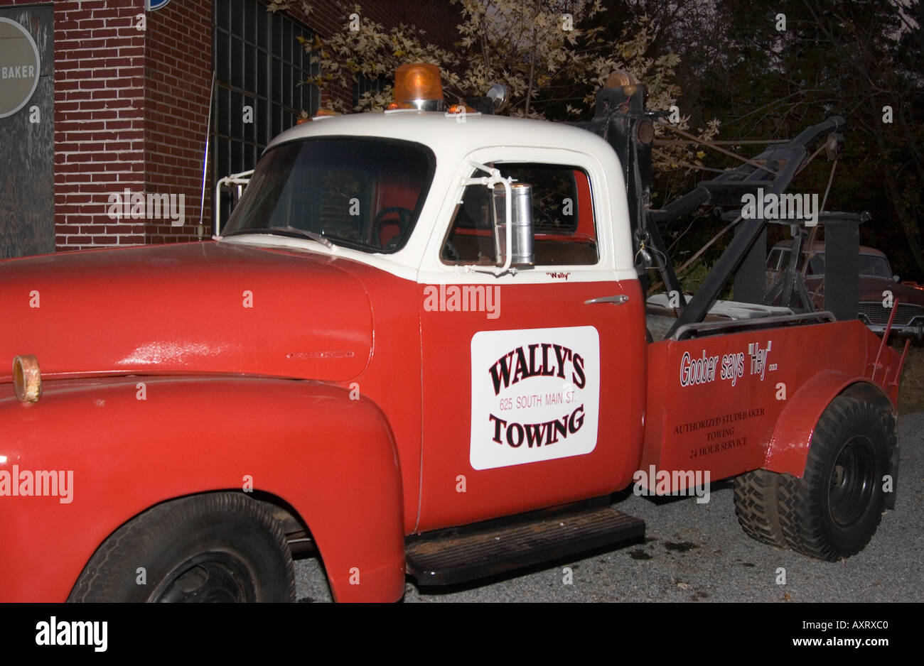 Old Tow Truck At Wallys Service Station in Mayberry or Mount Airy NC USA Stock Photo