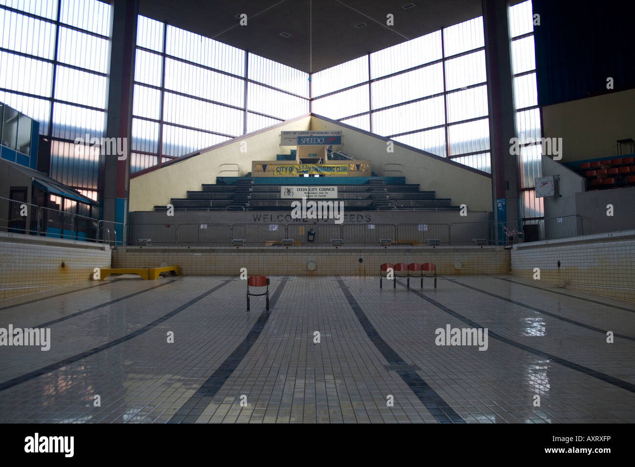View of a window in the Leeds International Pool with seating area