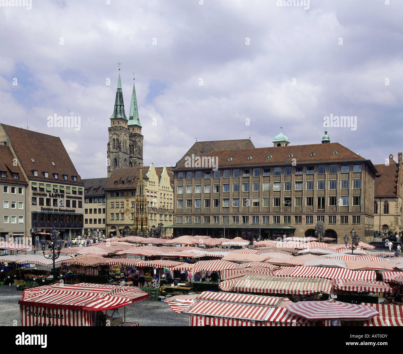 geography / travel, Germany, Bavaria, Nuremberg, old town hall, town hall square with market, huts, market stand, trade, selling, Stock Photo