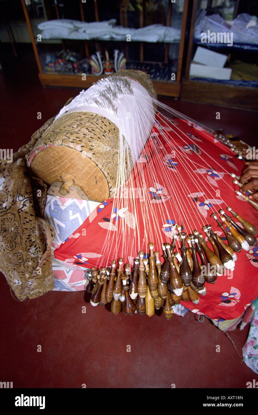 Sri Lanka Unawatuna hand making lace cushion and bobbins Stock Photo