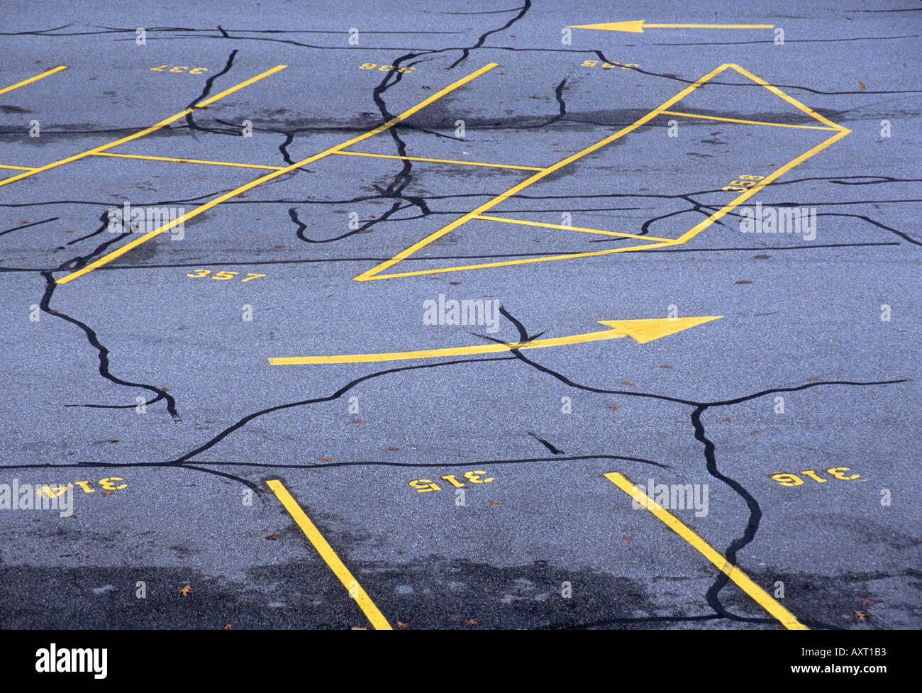 Arrows likes and cracks in an parking lot form an abstract pattern Stock Photo