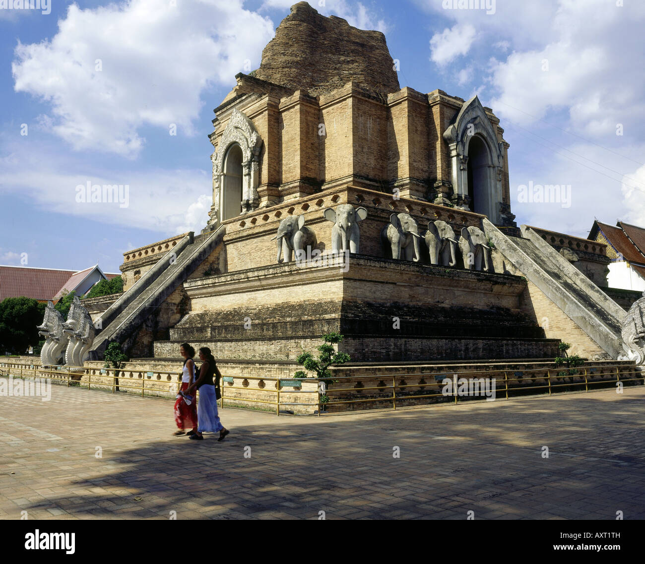 geography / travel,Thailand, Chiang May, Wat Chedi Luang, exterior view, cloister, temple, elephant, elephants, made of stone, Stock Photo