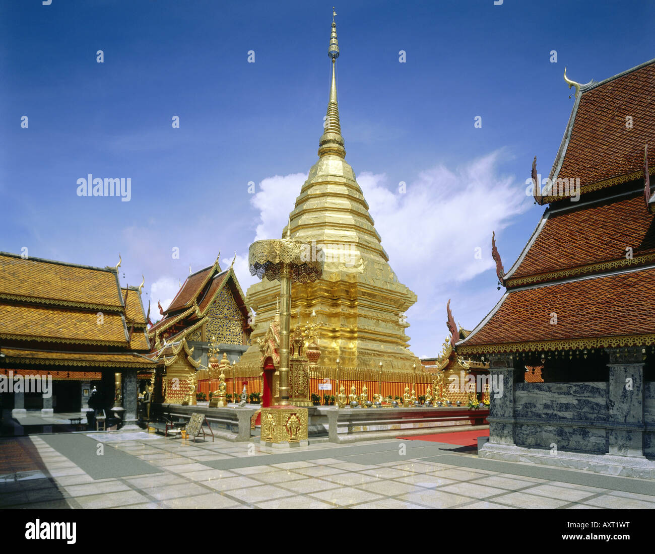 geography / travel, Thailand, cloisters, cloister Wat Doi Suthep, golden Chedi at Chiang May, exterior view, gold Stock Photo