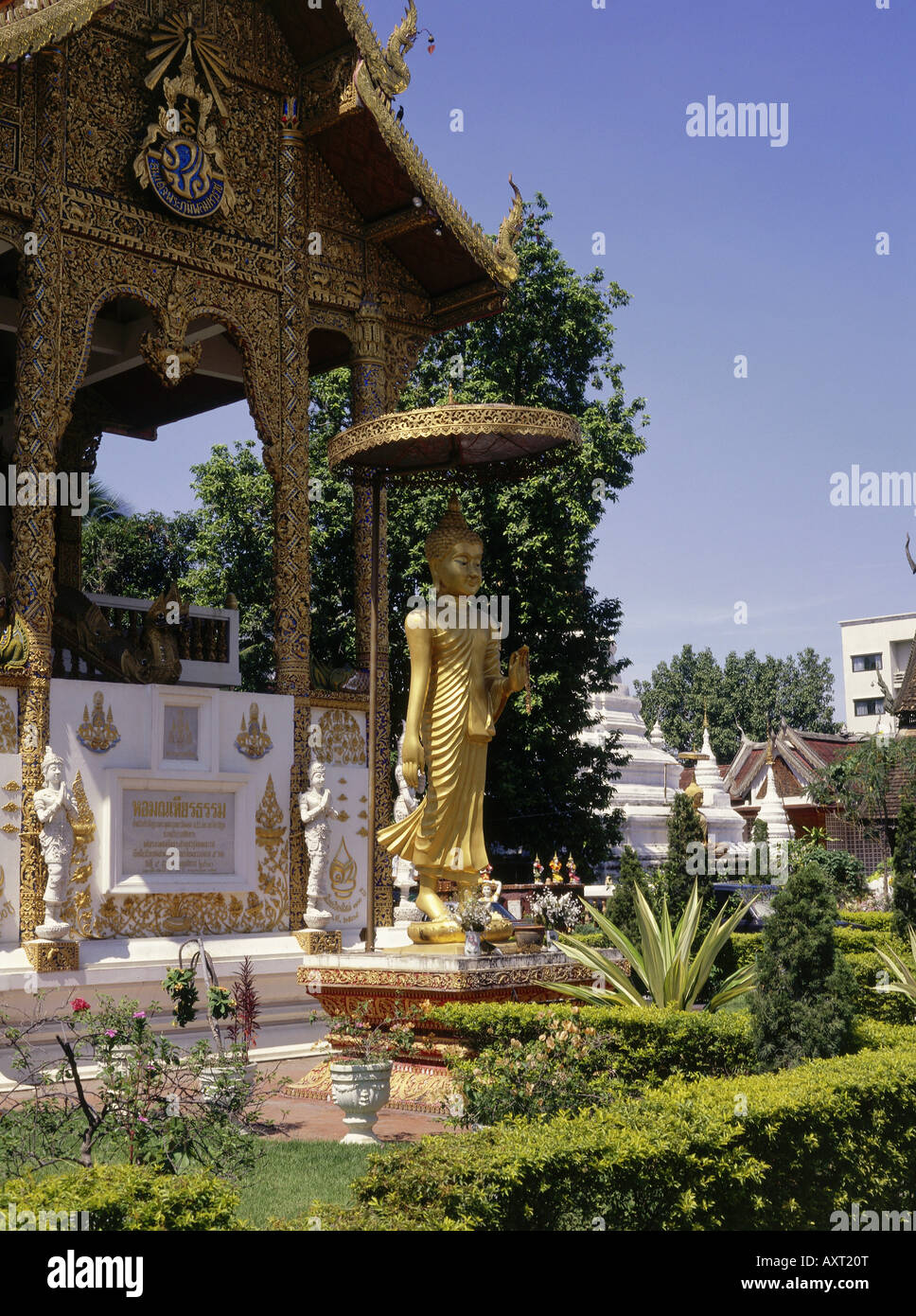 geography / travel, Thailand, Chiang May, cloister Wat Bupparam, temple area, exterior view, figure, gold at the entrance Stock Photo