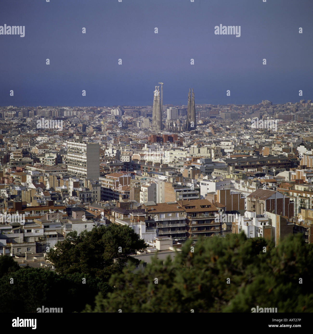 geography / travel, Spain, Barcelona, city view, cityscape, view with church Sagrada Familia, , Stock Photo