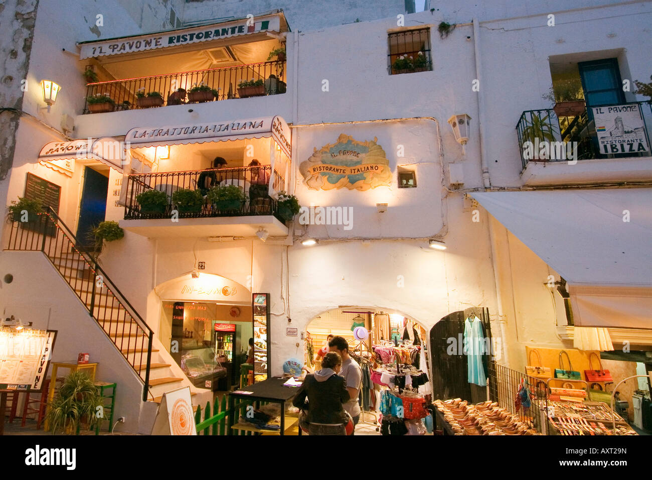 Spain Baleares island Ibiza town by night shops restaurants Stock Photo