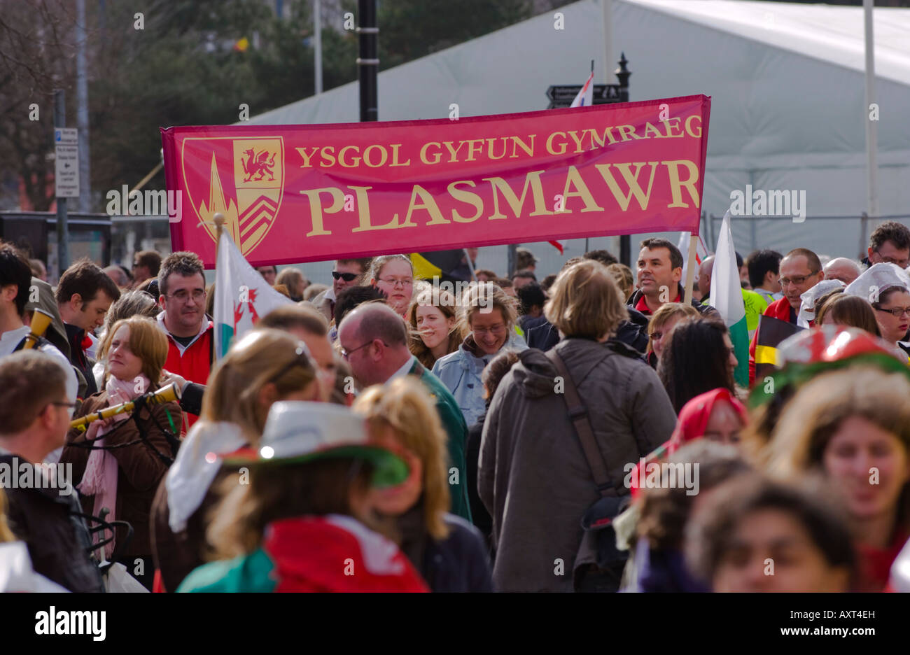 Crowd listening to speeches outside National Museum of Wales for annual St Davids Day march in Cardiff South Wales UK EU Stock Photo