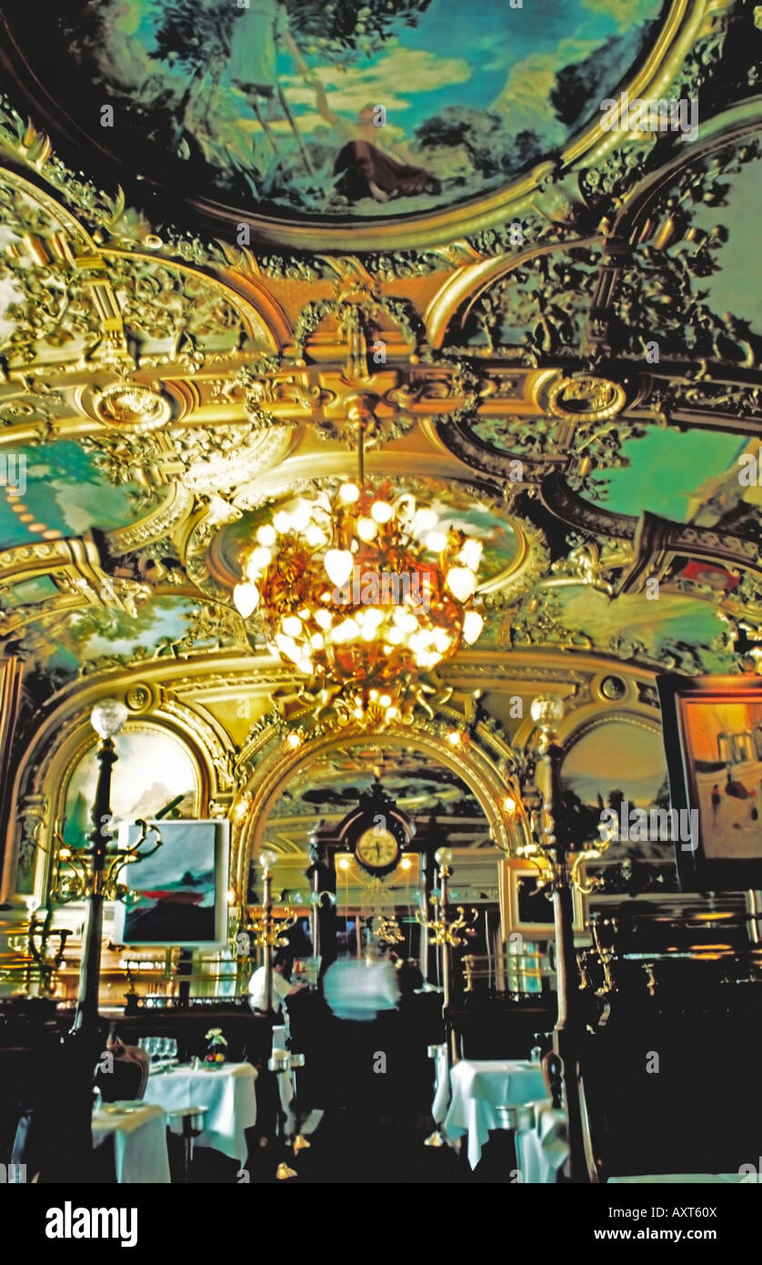 Paris France,  French Restaurant Brasserie 'Le Train Bleu' 'Gare de Lyon' 1900 Style, inside Frescoes, Ceiling, interior design vintage Stock Photo