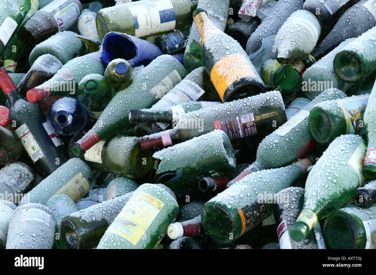 Old green glass bottles with glazed frost in recycling plat / Grüne Altglasflaschen mit Raureif in Sammelstelle Stock Photo