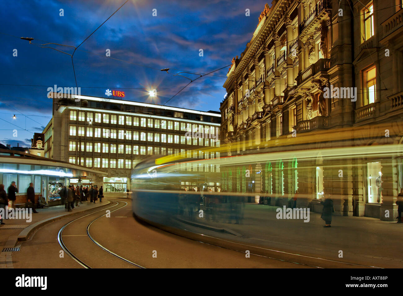 Switzerland Zurich credit suisse bank UBS Bahnhofstrasse Paradeplatz Tram Stock Photo