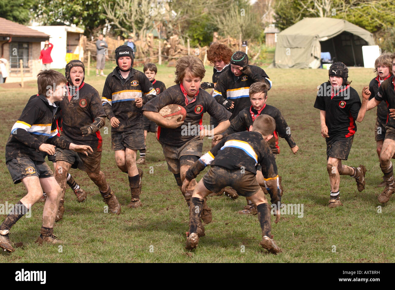 Junior rugby match Under 12 players compete in local team game in Somerset England  EDITORIAL USE ONLY Stock Photo
