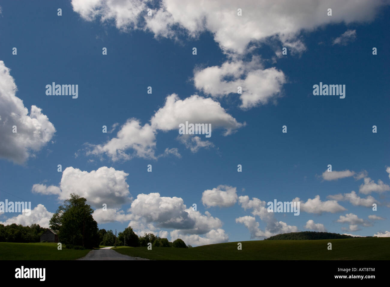 Wide Angle Of Big Blue Sky With Huge Cumulus Clouds Over A Country