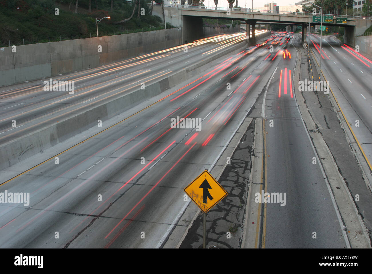 Merging traffic sign on the 110 freeway in Los Angeles Stock Photo Alamy