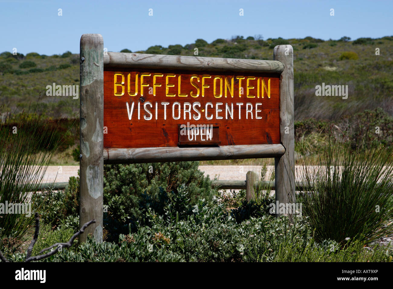 buffelsfontein visitors centre sign table mountain national park cape town western cape province south africa Stock Photo