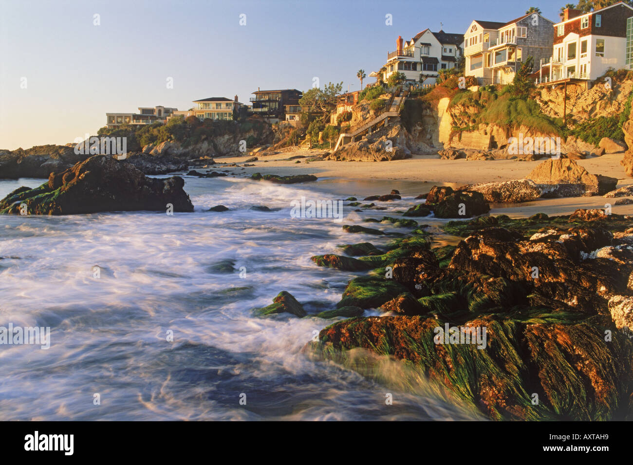Coastal homes at Woods Cove in Laguna Beach near sunset in Southern California Stock Photo