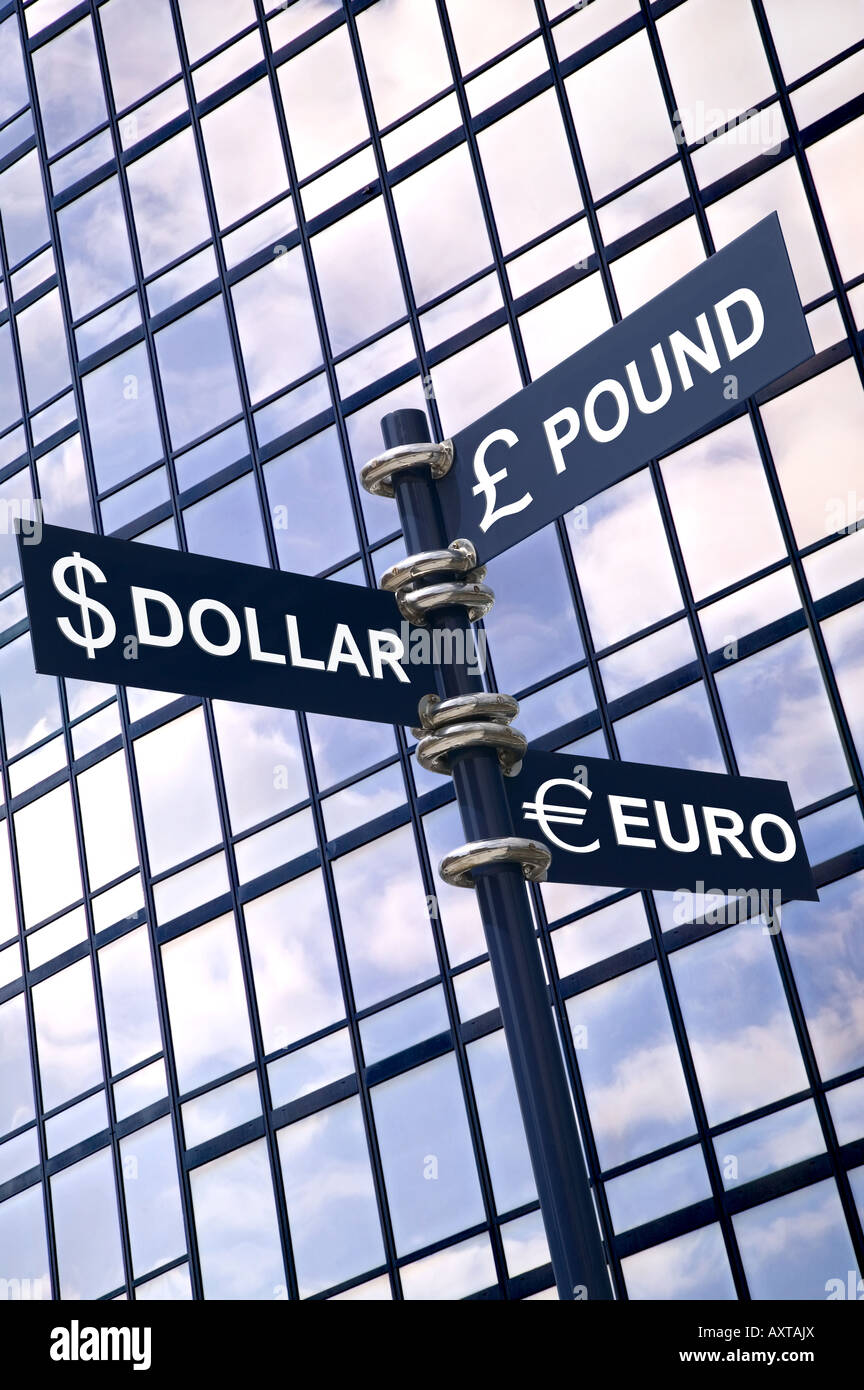 Money concept image of a signpost with Pound Dollar and Euro against a modern glass office building Stock Photo