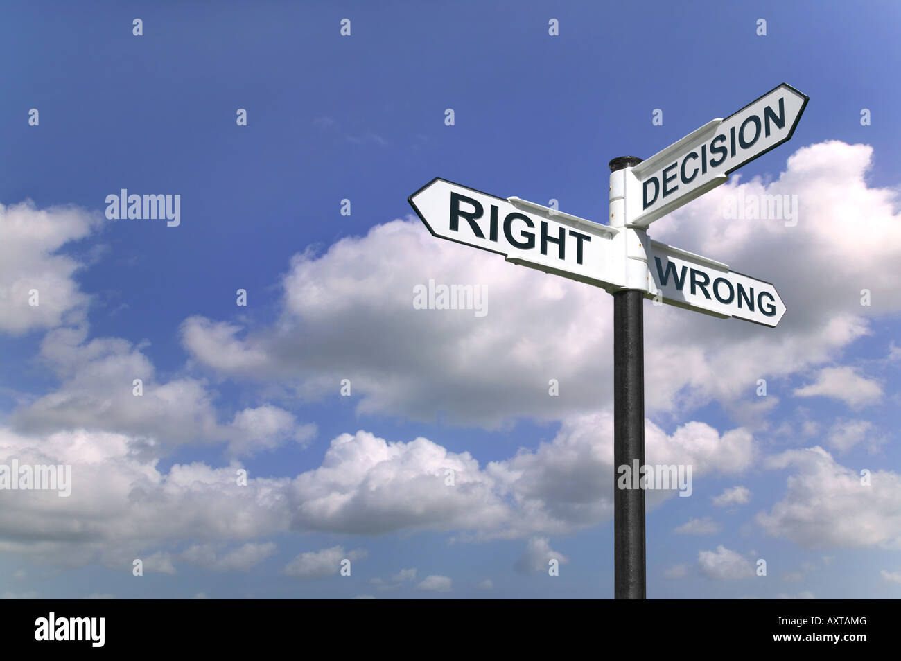 Concept image of a signpost with Decision Right or Wrong against a blue cloudy sky Stock Photo