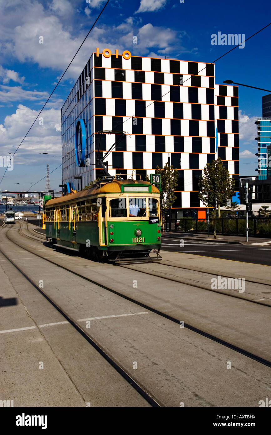 Melbourne Cityscape / A Melbourne Tram commutes along Latrobe Street in Melbourne Docklands.Victoria Australia. Stock Photo