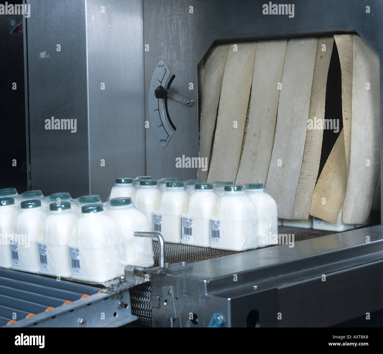 Plastic 1 pint organic milk containers on conveyor after being sealed into polythene Stock Photo