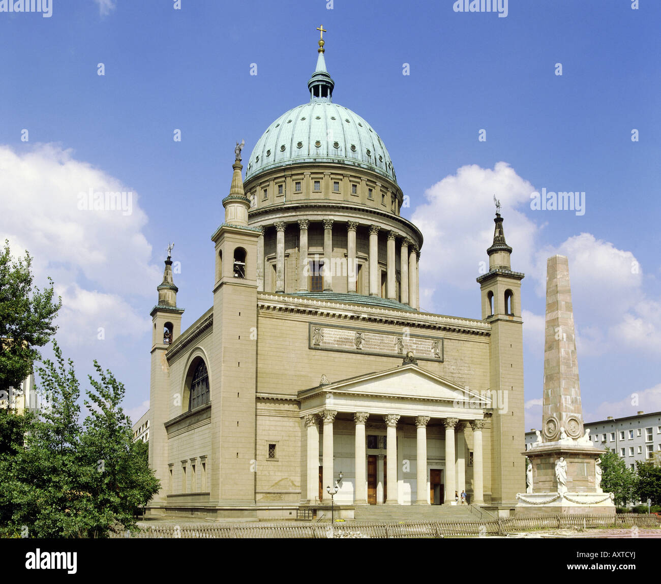 geography / travel, Germany, Brandenburg, Potsdam, Nikolaikirche and obelisk of the master builters, Prussia, church, Stock Photo