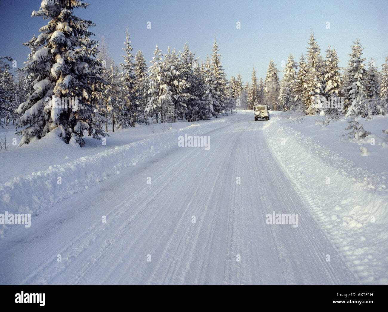 geography / travel, sweden, landscapes, Province Dalarna, Jeep on snowy street, winter, europe, Skandinavia, landscape, seasons, Stock Photo