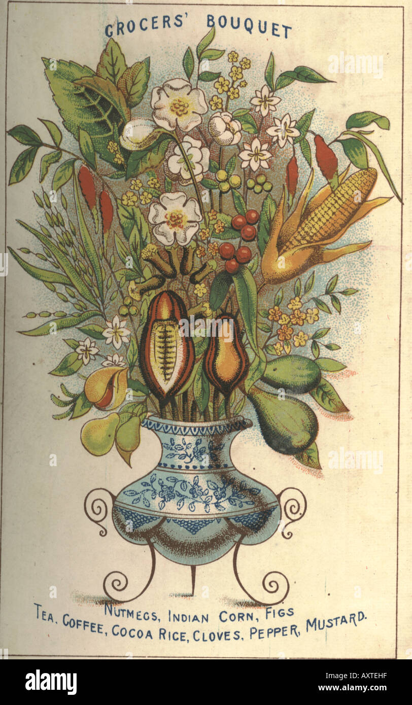 Chromolithograph The Grocer's Bouquet circa 1880, the frontispiece of a grocer's cash book Stock Photo