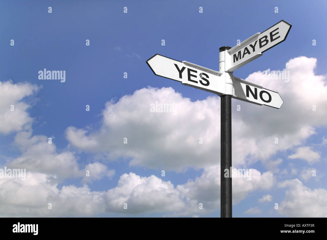 Concept image of a signpost with Yes No or Maybe against a blue cloudy sky Stock Photo