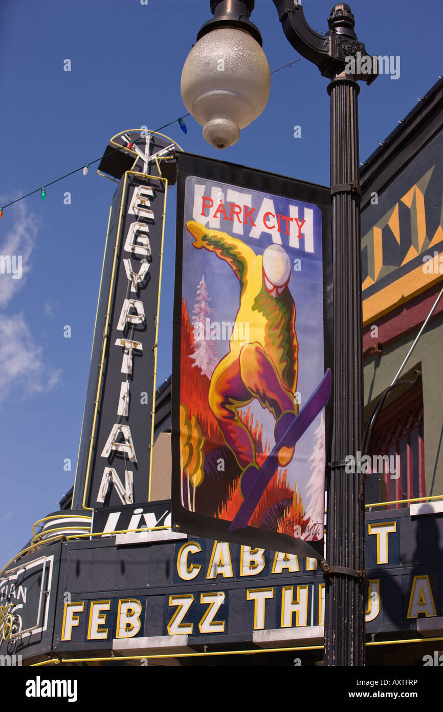 PARK CITY UTAH USA Ski banner at the Egyptian Theatre on Main Street Stock Photo