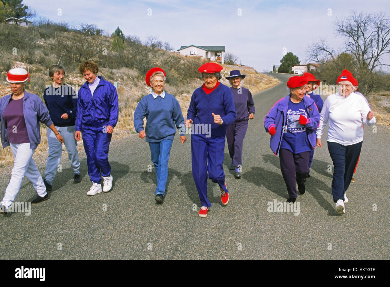 Senior ladies power walking on road in Arizona   USA Stock Photo