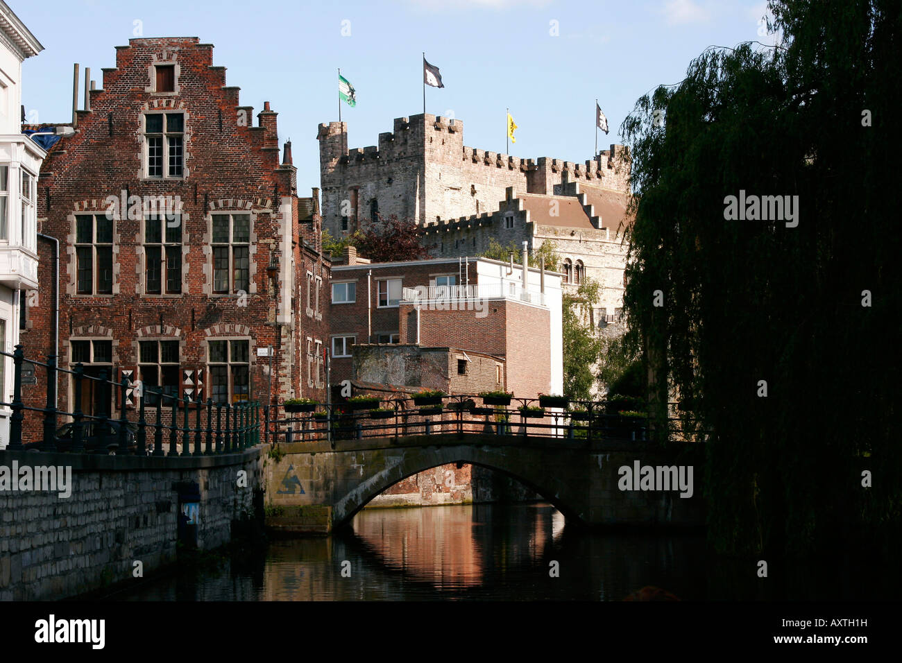 Ditches canals and Gravensteen castle in Ghent Belgium Stock Photo
