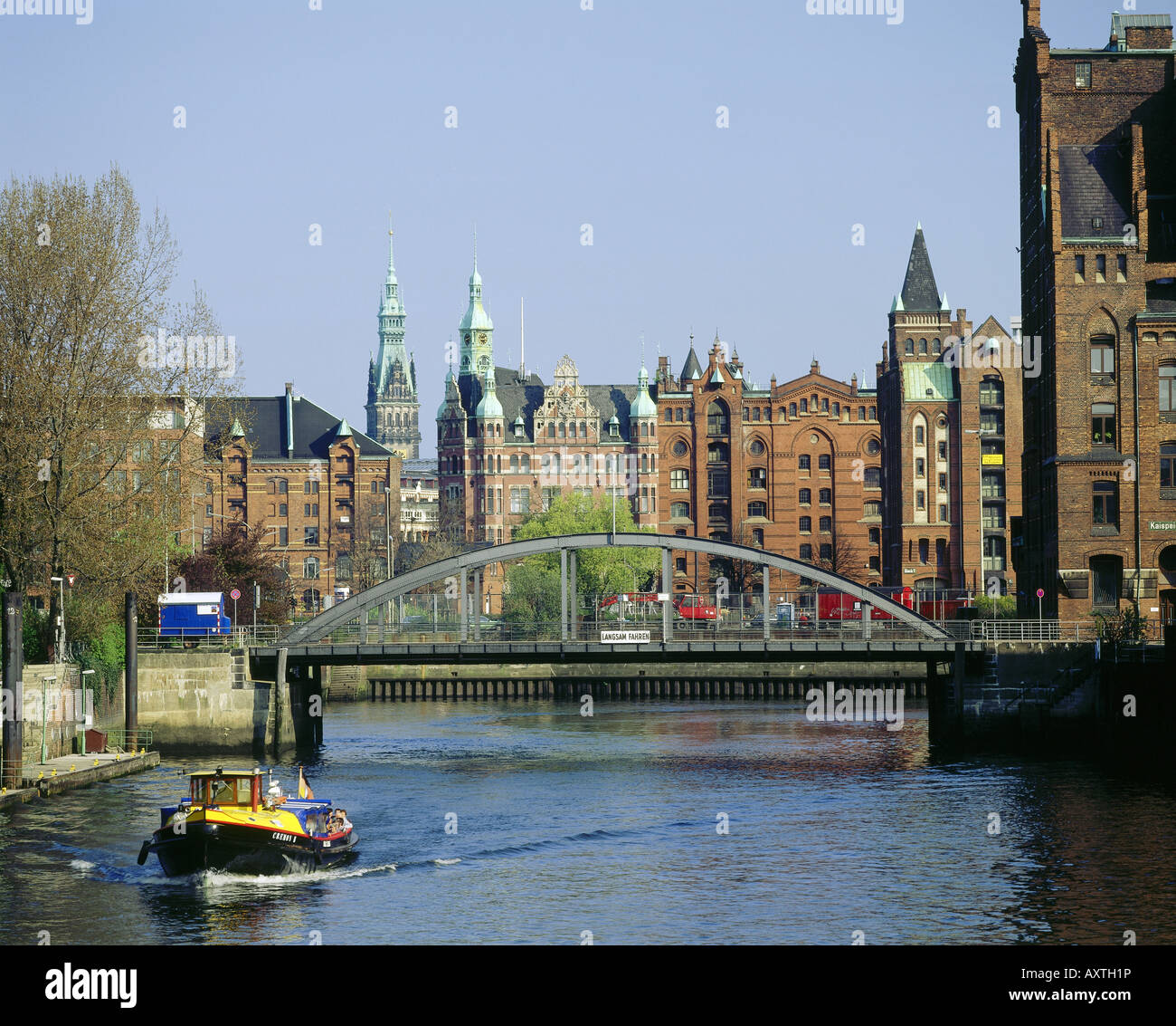 geography / travel, Germany, Hamburg, Speicherstadt, Brooktorkai with town hall tower, Loft house, Stock Photo