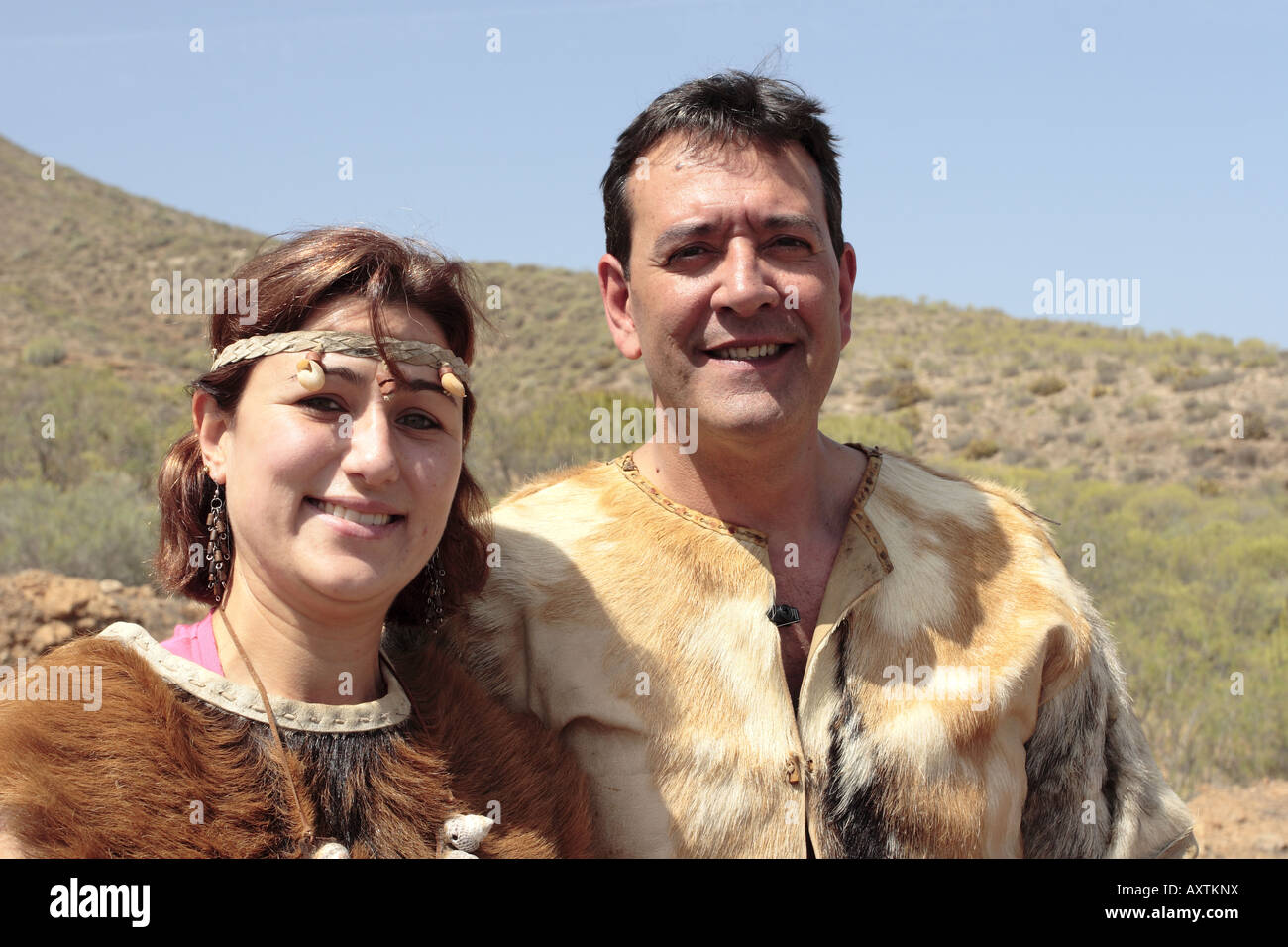The bride and groom Taghit and Eggunay in traditional Guanche goatskin dress, Tenerife, Canary Islands, Spain Stock Photo