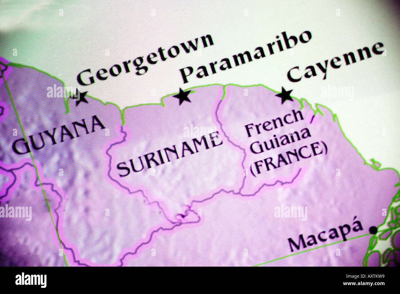 Closeup map of Guyana, Suriname, and French Guiana in northern South