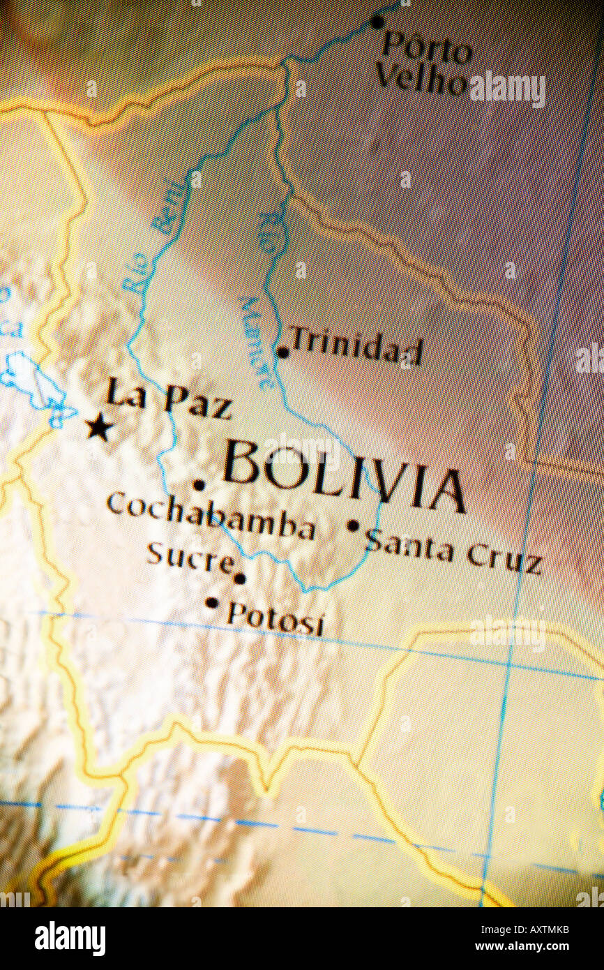 Current close-up map of the country of Bolivia in South America Stock Photo