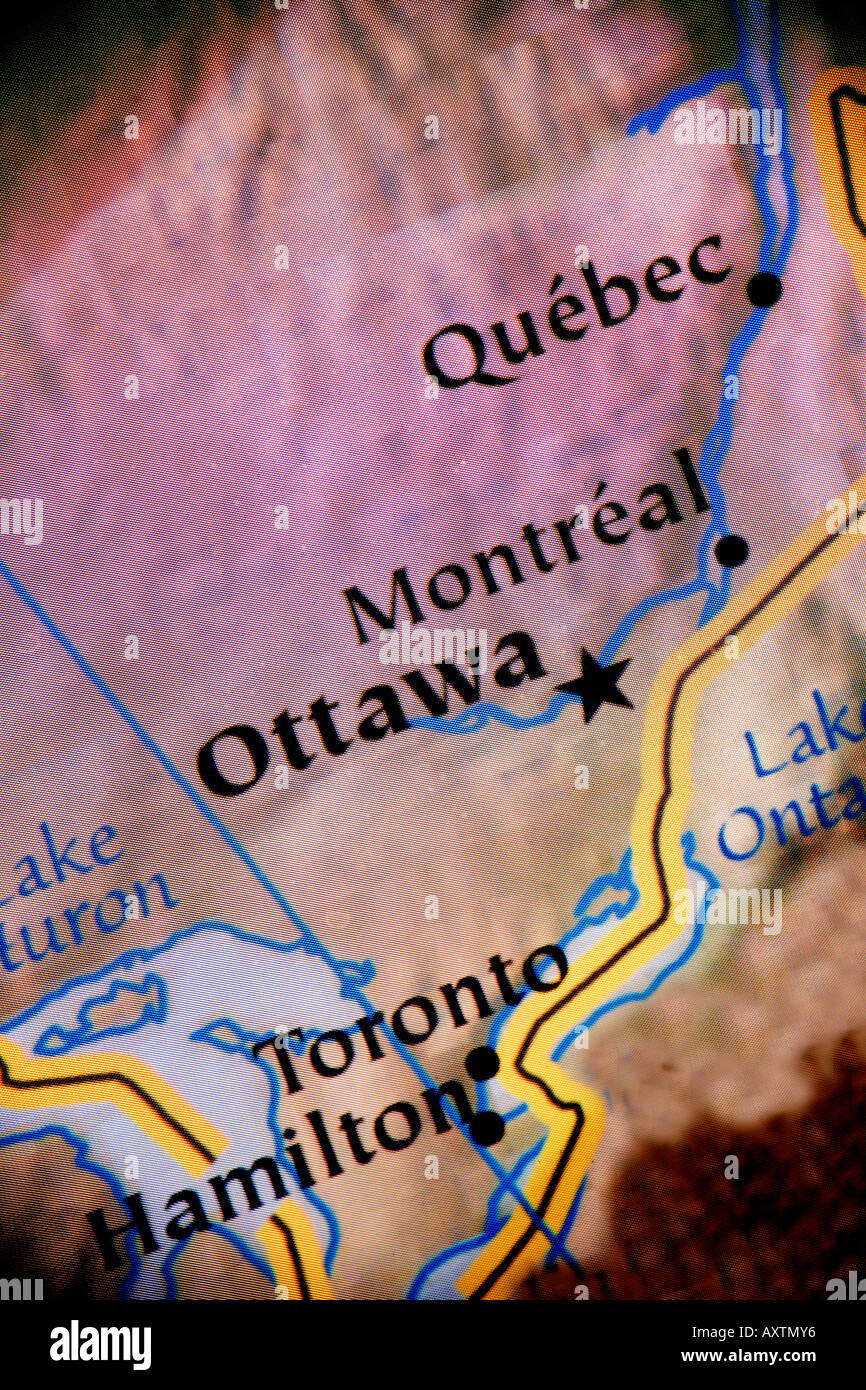 Current map of Canada showing the cities of Ottawa, Montreal, Toronto, and Quebec Stock Photo