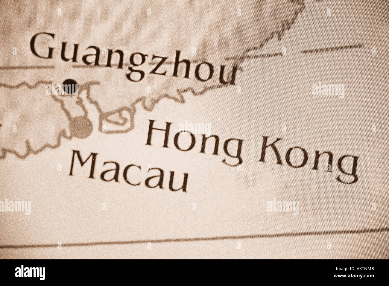 Close up map showing Macau, Hong Kong, and Guangzhou, China Stock Photo