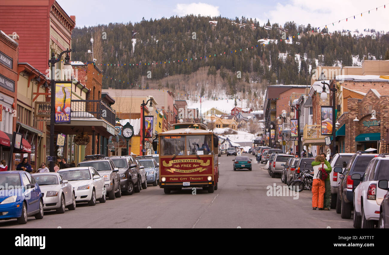 PARK CITY UTAH USA Trolley on Main Street Park City a historic mining town is now a resort town Stock Photo