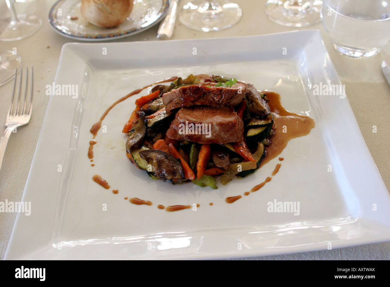 Presentation of a meat dinner on white dinner plate. Photo by Tom