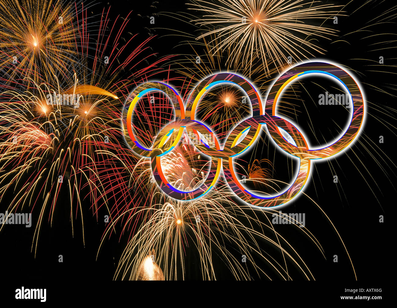 Fantasy vision of the olympic rings against a night sky filled with