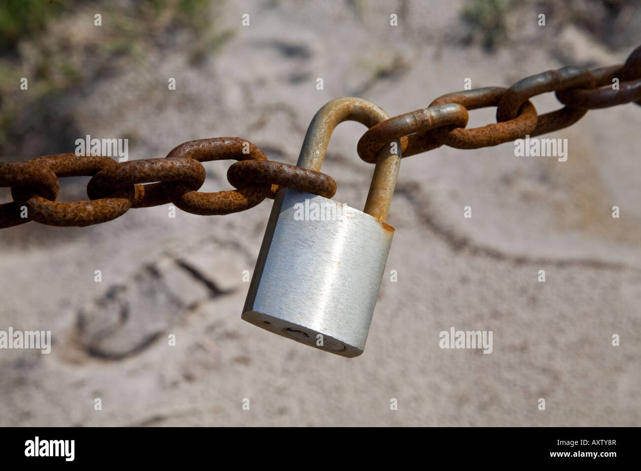 A rusty padlock on a rusty chain, Clay County, Florida, USA Stock Photo