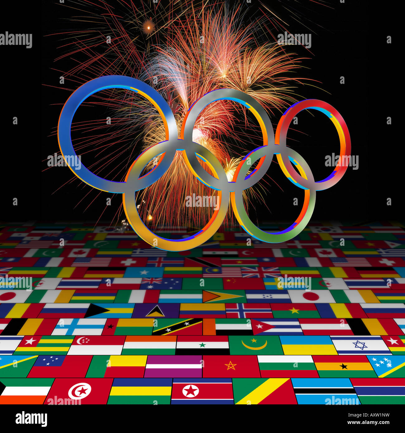 Artistic interpretation of the olympic rings over an endless field of