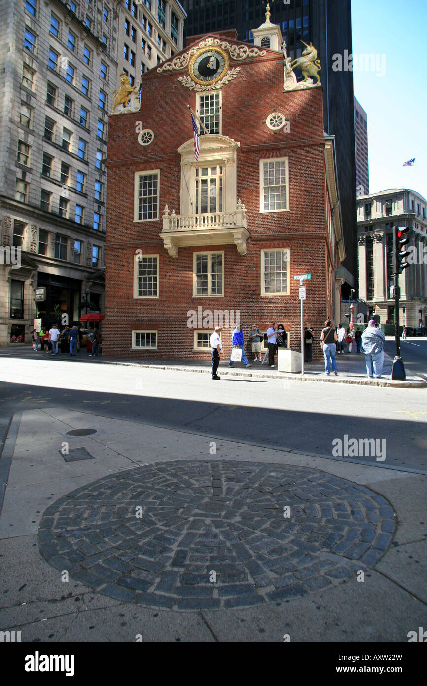 The stone cobbles marking the spot of the Boston Massacre on 5th March 1770, outside the Old State House, Boston. MA. Stock Photo