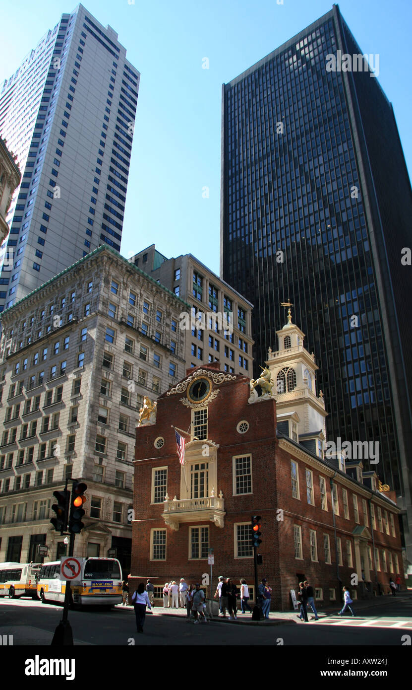 The Old State House and Boston skyscrapers, Boston, MA, the location of the Boston Massacre on 5th March 1770. Stock Photo